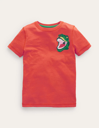 Mini Boden Boy's Washed Superstitch T-shirt in Mandarin Orange Dinosaur