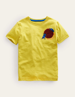 Mini Boden Kids Boucle Print Logo T-Shirt in Yellow Gooseberry