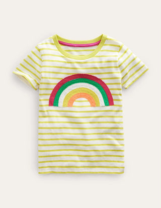 Mini Boden Girl's Applique Rainbow T-shirt in Gooseberry Yellow/Ivory