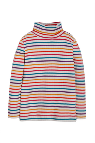 Frugi Girl's Ava Stripe Roll Neck Top in Soft White Multi Stripe (Slightly Defect)