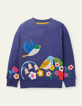 Mini Boden Girl's Cosy Applique Sweatshirt in Starboard Blue Garden Birds