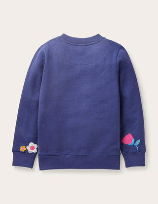 Mini Boden Girl's Cosy Applique Sweatshirt in Starboard Blue Garden Birds