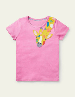 Mini Boden Girl's Front & Back Applique T-shirt in Plum Blossom Pink Giraffe (Slightly Defect)