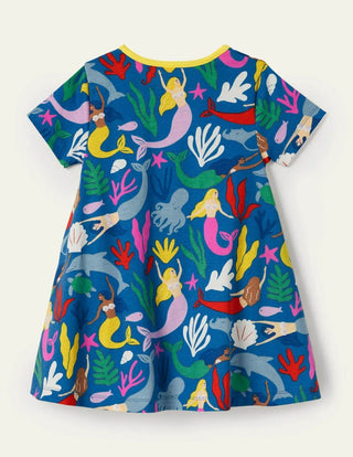 Mini Boden Girl's Short-Sleeved Printed Tunic Dress in Marina Blue Mermaids