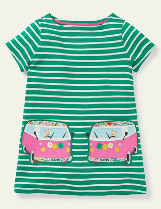 Mini Boden Girl's Summer Applique Pocket Tunic in Sapling Green/ Ivory Van (Slightly Defect)