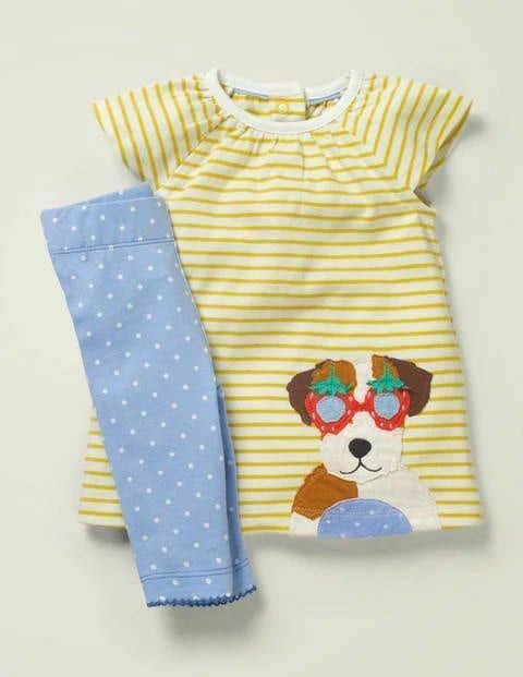 Mini Boden Baby Lamb Appliqué Dress and Leggings Set, Yellow, 0-3 months
