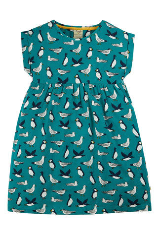 Frugi Girl's Fran Ses Birds Dress in Teal Blue (Slightly Defect)