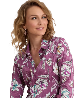 Women's Long Sleeve Cotton Summer Larissa Shirt in Linework Floral Heather (IMPERFECT)