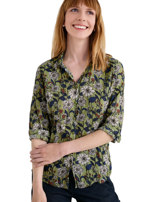 Women's Long Sleeve Cotton Summer Larissa Shirt in Sketched Border Gooseberry (IMPERFECT)