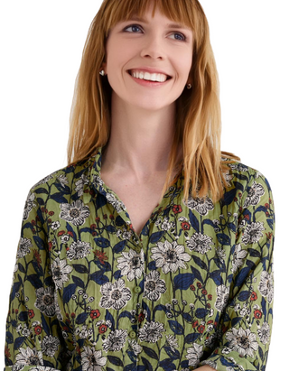 Women's Long Sleeve Cotton Summer Larissa Shirt in Sketched Border Gooseberry