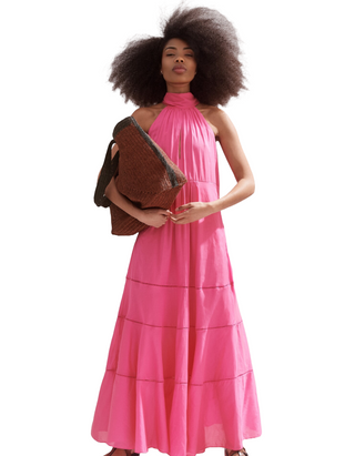 Women's Cotton Voile Halterneck Full-Length Dress in Pink