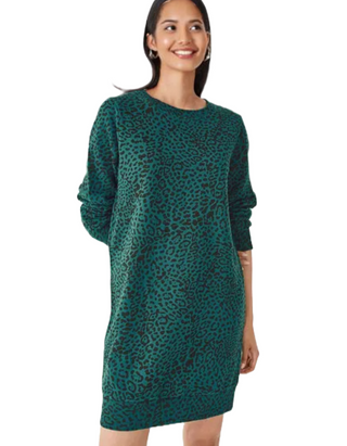 Women's Iiona Leopard Print Sweatshirt Dress in Teal Green