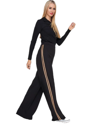 Women's Black & Beige Side Stripe Wide Leg Trousers in Black