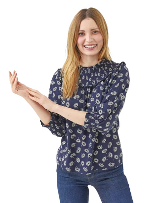 Women's Sienna Mono Daisy Smock Top in Navy Multi (IMPERFECT)