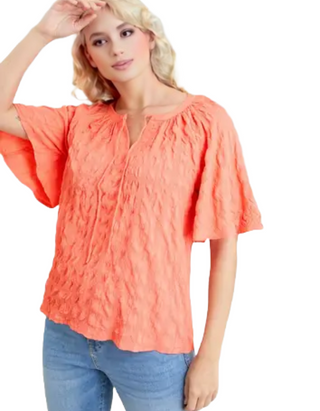 Women's Coral Crinkle Notch Neck Blouse in Coral