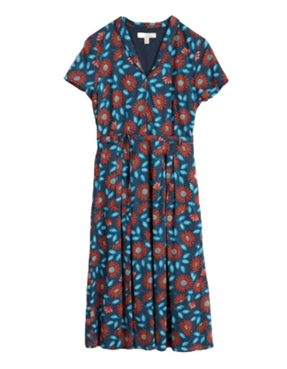 Women's Terrace Dress in Navy Woodcut Sunflower Night (IMPERFECT)