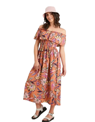 Women’s Floral Linen-Rich Bardot Ruffle Midi Dress in Orange (IMPERFECT)