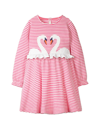 Mini Boden Girl's Jersey Dress in Camelia Pink Stripe Swans (Slightly Defect)