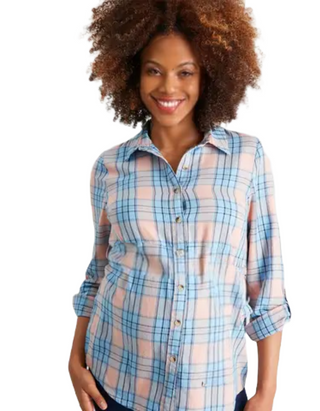 Women's Maternity Plaid Tie Waist Shirt in Pink