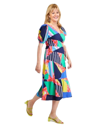 Women's Bright Abstract Print Wrap Front Midi Dress in Multi (IMPERFECT)