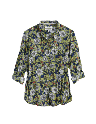 Women's Long Sleeve Cotton Summer Larissa Shirt in Sketched Border Gooseberry (IMPERFECT)