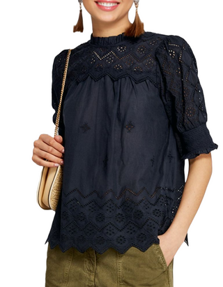 Women's Cotton Broderie Anglaise Blouse in Navy