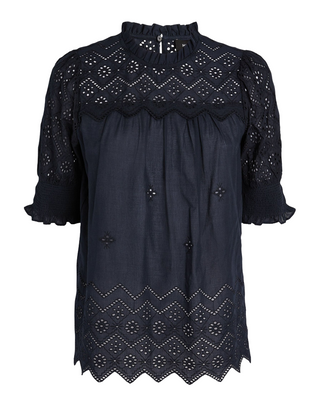 Women's Cotton Broderie Anglaise Blouse in Navy