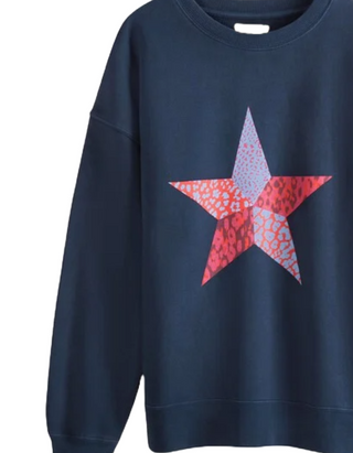 Women's Long Sleeve Patchwork Star Relaxed Sweatshirt in Midnight Navy-Pinks (IMPERFECT)