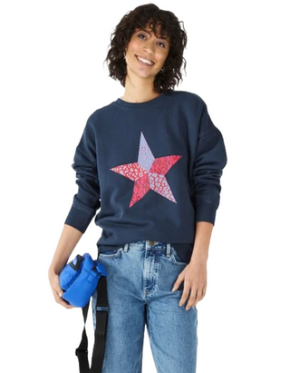 Women's Long Sleeve Patchwork Star Relaxed Sweatshirt in Midnight Navy-Pinks (IMPERFECT)