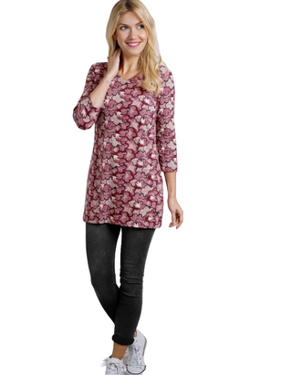 Women's Kimberley Printed Jersey 3/4 Sleeve Tunic in Dark Wine (IMPERFECT)