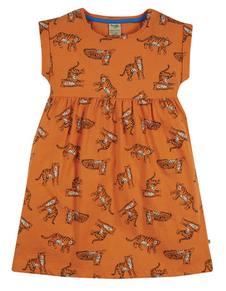 Frugi Girl's Marigold Tiger Fran Jersey Dress in Orange