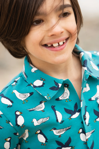 Frugi Boy's Rupert Jersey Shirt in Teal Sea Birds