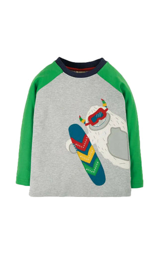 Frugi Boy's Long Sleeve Alfie Monster Applique Raglan T-shirt - Grey Marl