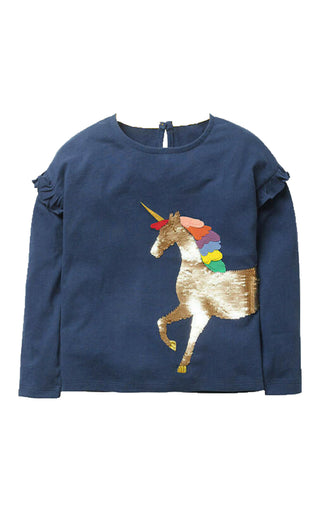 Mini Boden Girl's Long Sleeve Colour Changing Sequence Top in Navy Blue/Unicorn