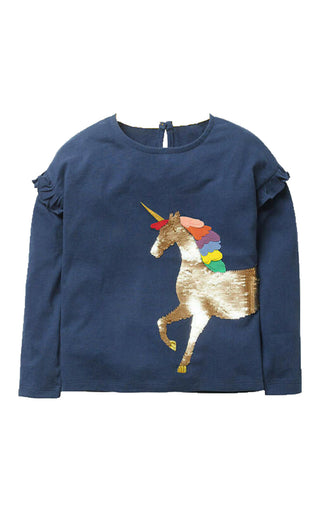 Mini Boden Girl's Long Sleeve Colour Changing Sequence Top in Navy Blue/Unicorn (Slightly Defect)