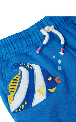 Mini Boden Girl's Applique Jersey Shorts in Moroccan Blue Fish