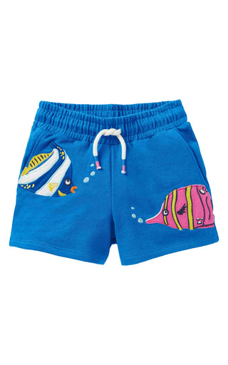 Mini Boden Girl's Applique Jersey Shorts in Moroccan Blue Fish (Slightly Defect)