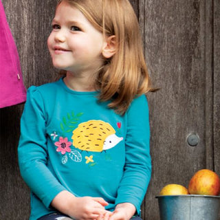 Frugi Girl's Organic Tobermory Hedgehog Little Alana Applique Top in Teal