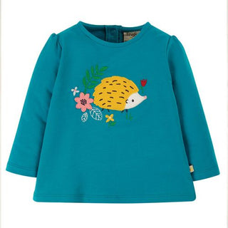 Frugi Girl's Organic Tobermory Hedgehog Little Alana Applique Top in Teal