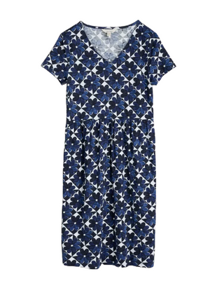 Women's Brush Drawing V-neck Jersey Dress Regular in Blue Floral Martime