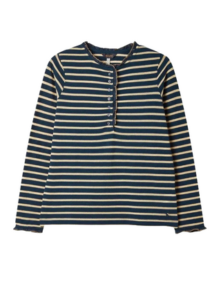 Daphne Navy Sparkle Striped Long Sleeve Top with Frill Neck