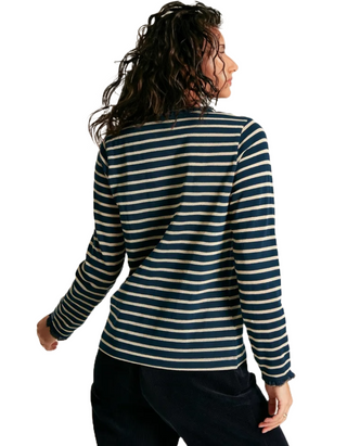 Daphne Navy Sparkle Striped Long Sleeve Top with Frill Neck