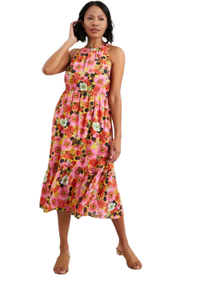 Women's Retro Floral Midi Dress in Pink Multi