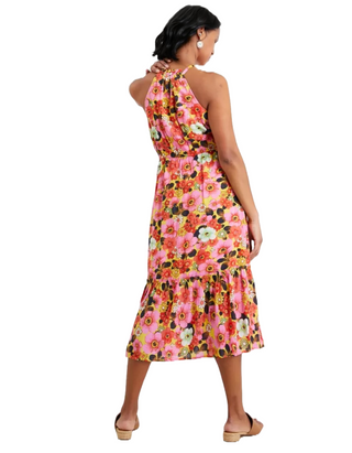 Women's Retro Floral Midi Dress in Pink Multi