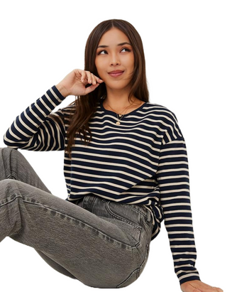 Women's Long Sleeve Leah Stripe Top in Navy (IMPERFECT)