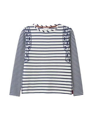 Women's Stripe Embroidered Interlock Cotton Top in White/Blue