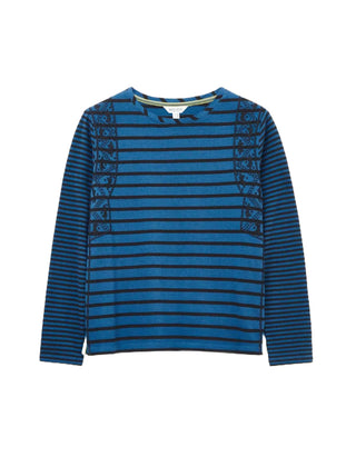 Women's Stripe Embroidered Interlock Cotton Top in Blue Multi