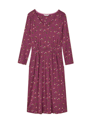 Women's Long Sleeve Jersey Midi Dress in Purple Print