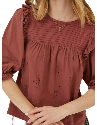 Women’s 3/4 Sleeve Marlo Embroidered Top in Brown