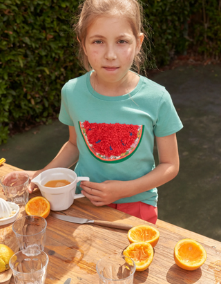 Mini Boden Girl's Watermelon Flutter Logo Tee in Aqua Sea Watermelon